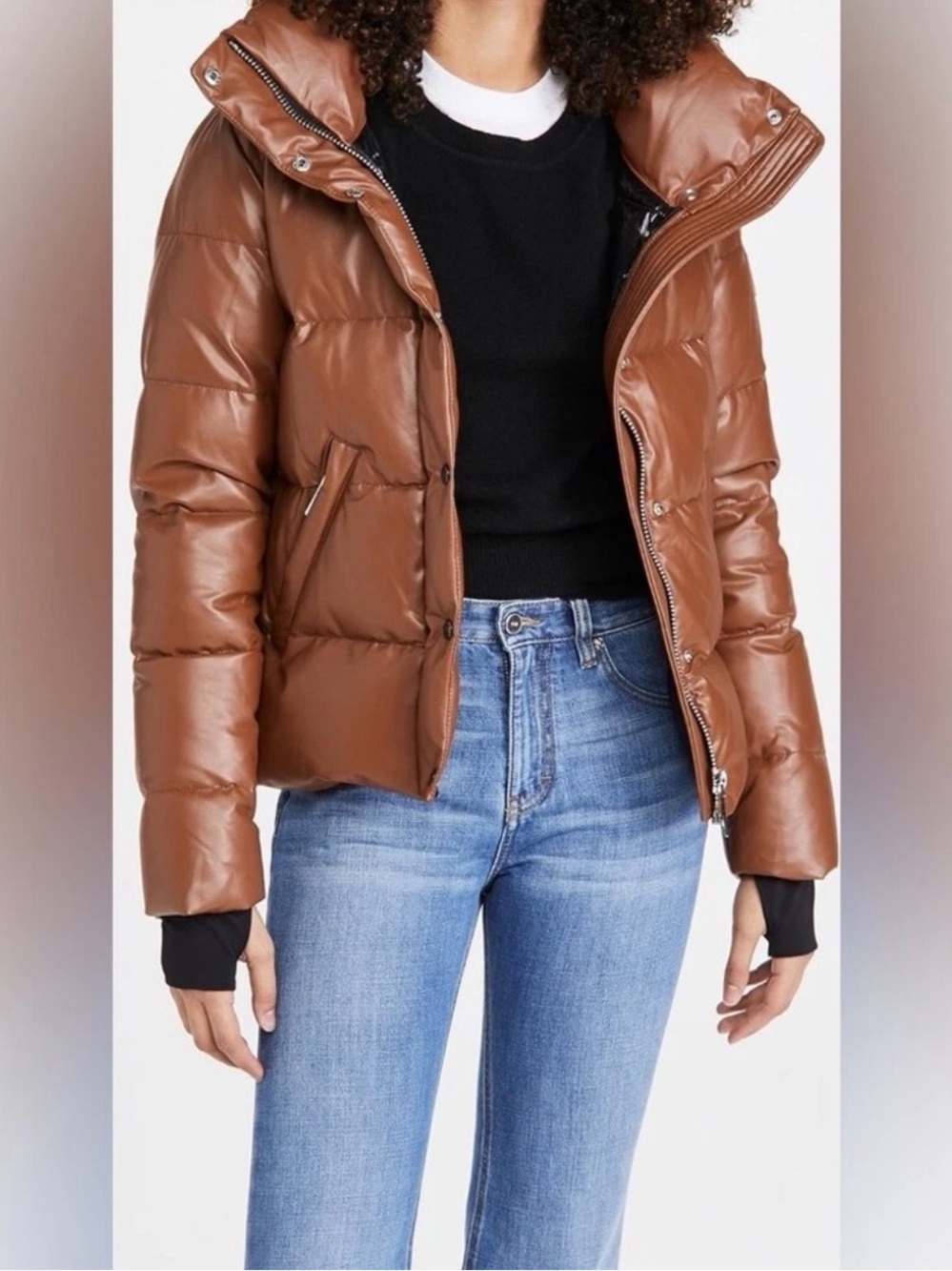 SAM. Isabel Vegan Down Puffer Jacket Faux Leather Stowaway Hood Saddle Brown LG